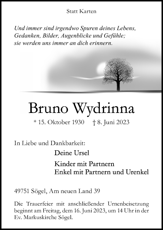 Traueranzeige von Bruno Wydrinna von Neue Osnabrücker Zeitung GmbH & Co. KG