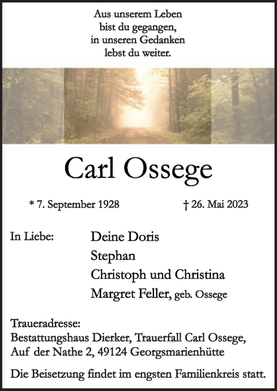 Traueranzeige von Carl Ossege von Neue Osnabrücker Zeitung GmbH & Co. KG