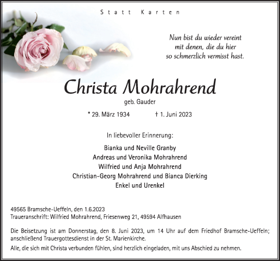 Traueranzeige von Christa Mohrahrend von Neue Osnabrücker Zeitung GmbH & Co. KG