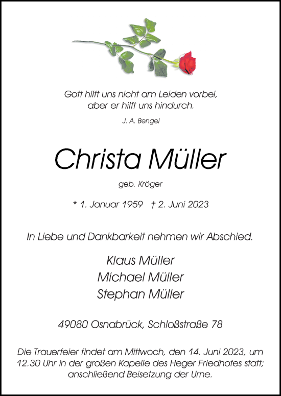 Traueranzeige von Christa Müller von Neue Osnabrücker Zeitung GmbH & Co. KG