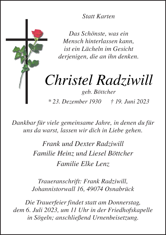 Traueranzeige von Christel Radziwill von Neue Osnabrücker Zeitung GmbH & Co. KG