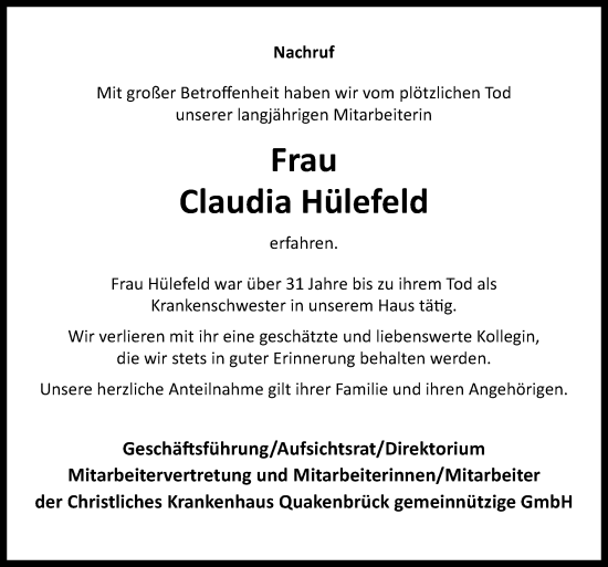 Traueranzeige von Claudia Hülefeld von Neue Osnabrücker Zeitung GmbH & Co. KG