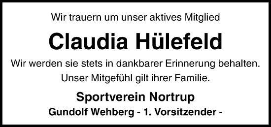 Traueranzeige von Claudia Hülefeld von Neue Osnabrücker Zeitung GmbH & Co. KG