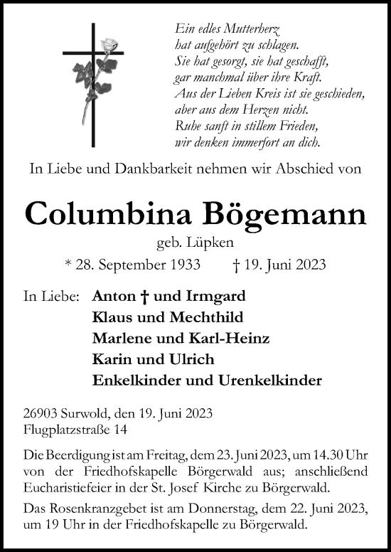 Traueranzeige von Columbina Bögemann von Neue Osnabrücker Zeitung GmbH & Co. KG