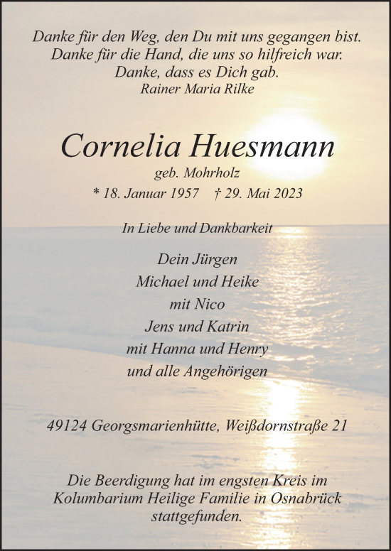 Traueranzeige von Cornelia Huesmann von Neue Osnabrücker Zeitung GmbH & Co. KG