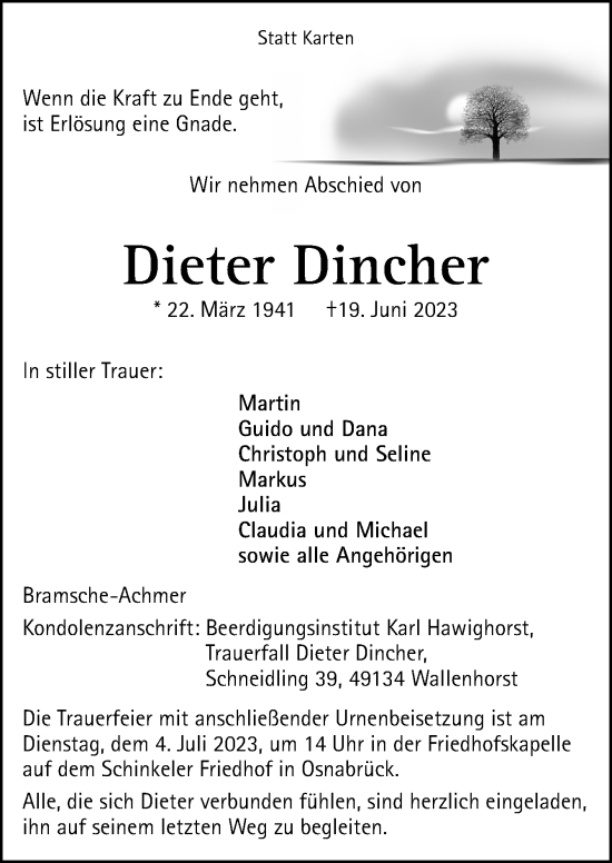 Traueranzeige von Dieter Dincher von Neue Osnabrücker Zeitung GmbH & Co. KG