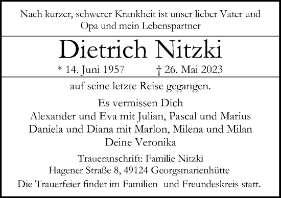 Traueranzeige von Dietrich Nitzki von Neue Osnabrücker Zeitung GmbH & Co. KG