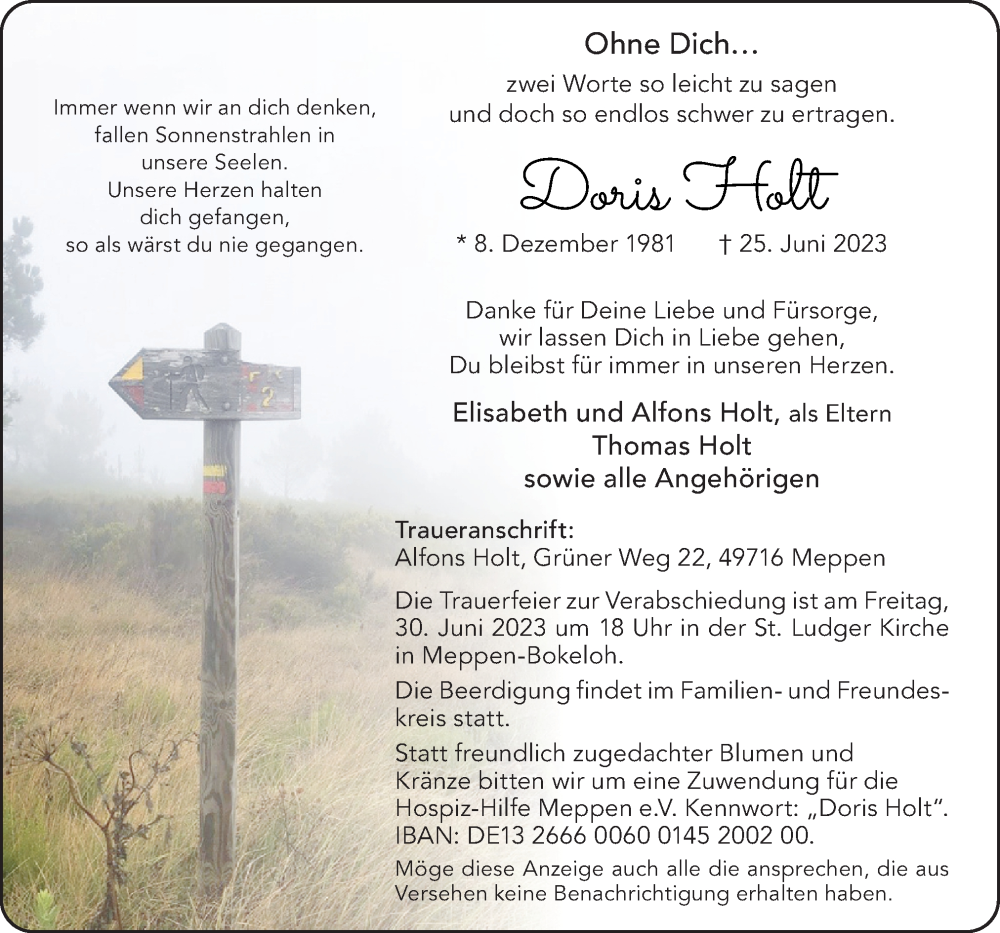  Traueranzeige für Doris Holt vom 29.06.2023 aus Neue Osnabrücker Zeitung GmbH & Co. KG