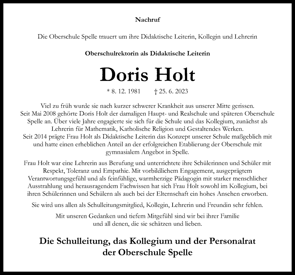  Traueranzeige für Doris Holt vom 30.06.2023 aus Neue Osnabrücker Zeitung GmbH & Co. KG