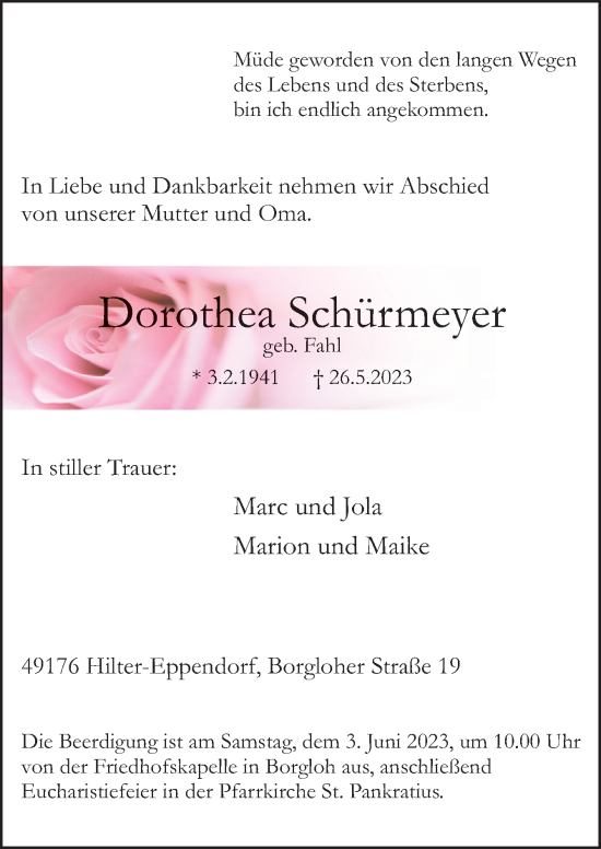Traueranzeige von Dorothea Schürmeyer von Neue Osnabrücker Zeitung GmbH & Co. KG