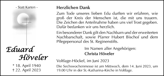 Traueranzeige von Eduard Höveler von Neue Osnabrücker Zeitung GmbH & Co. KG