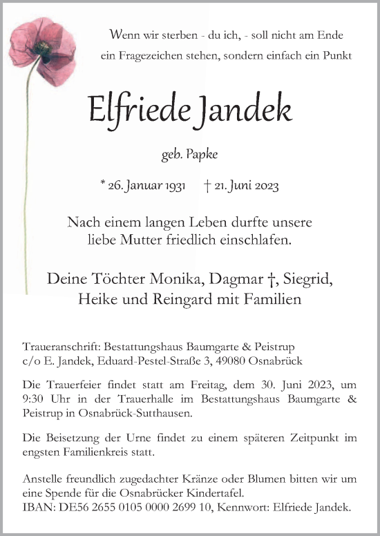 Traueranzeige von Elfriede Jandek von Neue Osnabrücker Zeitung GmbH & Co. KG