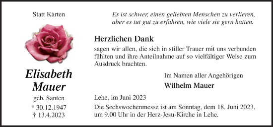 Traueranzeige von Elisabeth Mauer von Neue Osnabrücker Zeitung GmbH & Co. KG