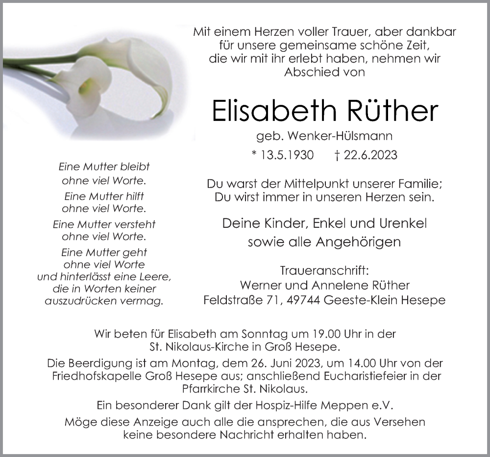  Traueranzeige für Elisabeth Rüther vom 24.06.2023 aus Neue Osnabrücker Zeitung GmbH & Co. KG