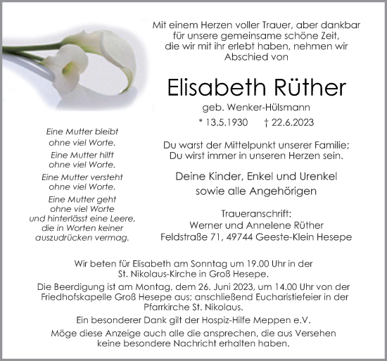 Traueranzeige von Elisabeth Rüther von Neue Osnabrücker Zeitung GmbH & Co. KG