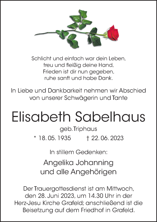Traueranzeige von Elisabeth Sabelhaus von Neue Osnabrücker Zeitung GmbH & Co. KG