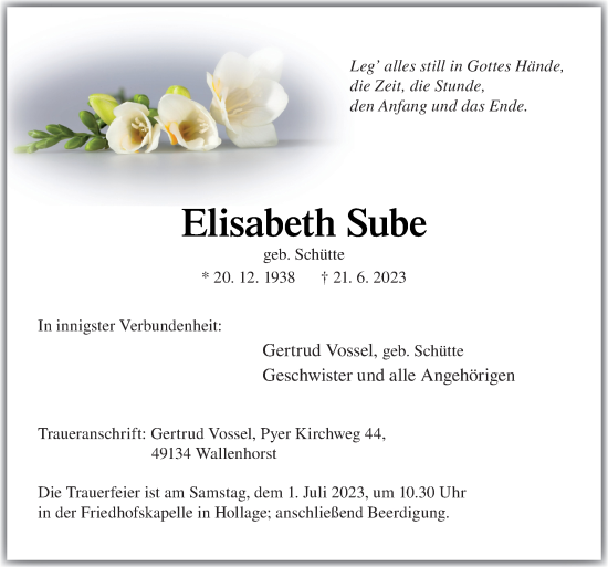 Traueranzeige von Elisabeth Sube von Neue Osnabrücker Zeitung GmbH & Co. KG