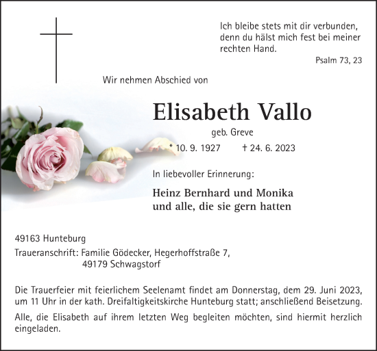 Traueranzeige von Elisabeth Vallo von Neue Osnabrücker Zeitung GmbH & Co. KG