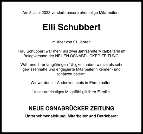 Traueranzeige von Elli Schubbert von Neue Osnabrücker Zeitung GmbH & Co. KG