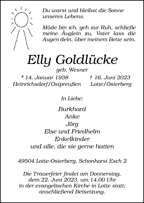 Traueranzeige von Elly Goldlücke von Neue Osnabrücker Zeitung GmbH & Co. KG