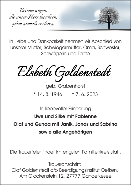 Traueranzeige von Elsbeth Goldenstedt von DK Medien GmbH & Co. KG