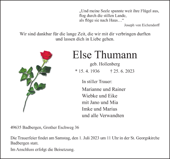 Traueranzeige von Else Thumann von Neue Osnabrücker Zeitung GmbH & Co. KG