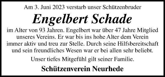 Traueranzeige von Engelbert Schade von Neue Osnabrücker Zeitung GmbH & Co. KG