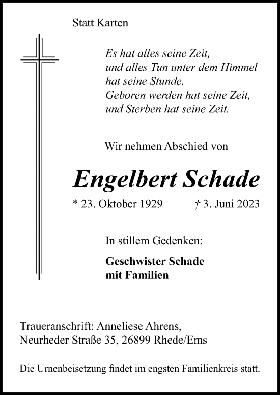 Traueranzeige von Engelbert Schade von Neue Osnabrücker Zeitung GmbH & Co. KG