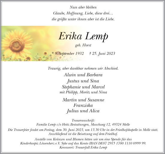 Traueranzeige von Erika Lemp von Neue Osnabrücker Zeitung GmbH & Co. KG