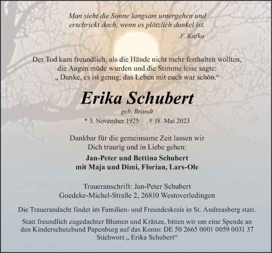 Traueranzeige von Erika Schubert von Neue Osnabrücker Zeitung GmbH & Co. KG