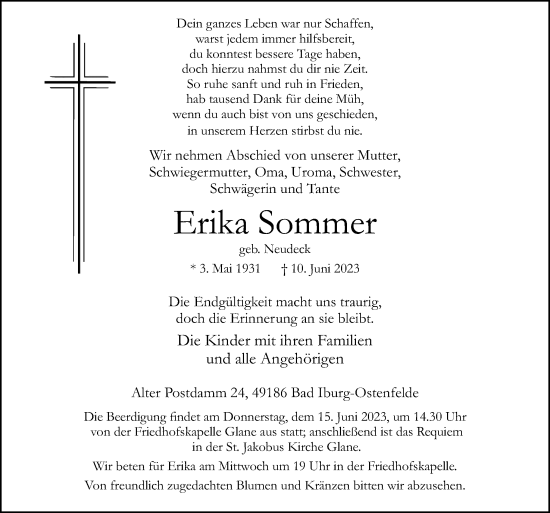 Traueranzeige von Erika Sommer von Neue Osnabrücker Zeitung GmbH & Co. KG