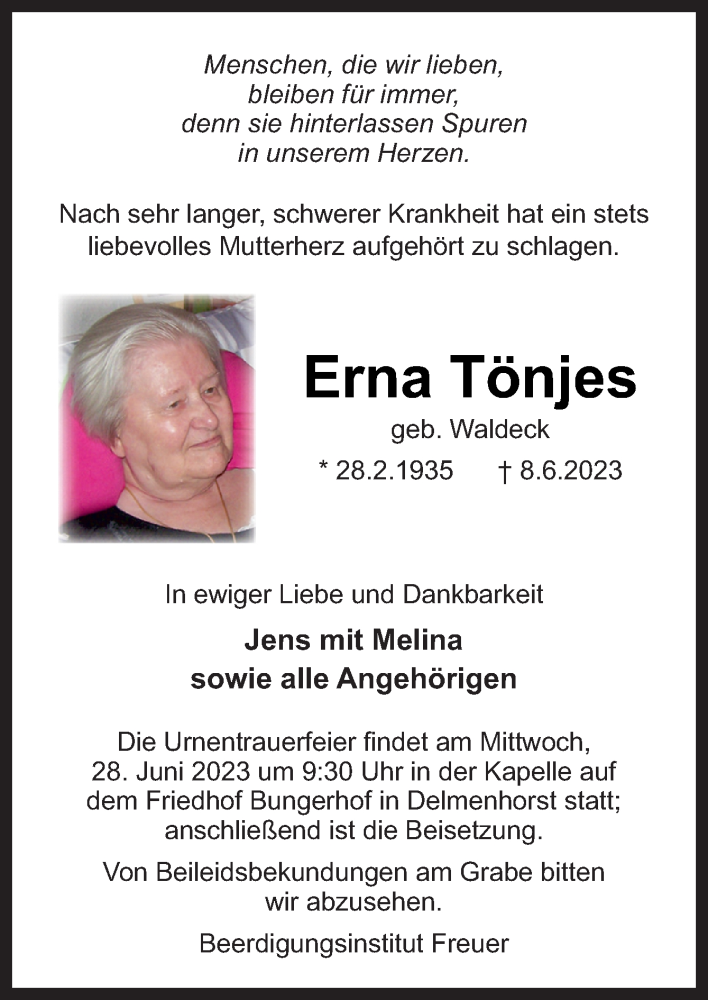  Traueranzeige für Erna Tönjes vom 17.06.2023 aus DK Medien GmbH & Co. KG