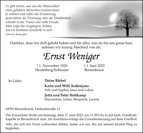 Traueranzeige von Ernst Weniger von Neue Osnabrücker Zeitung GmbH & Co. KG