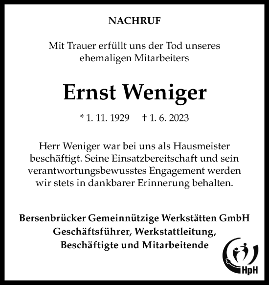 Traueranzeige von Ernst Weniger von Neue Osnabrücker Zeitung GmbH & Co. KG