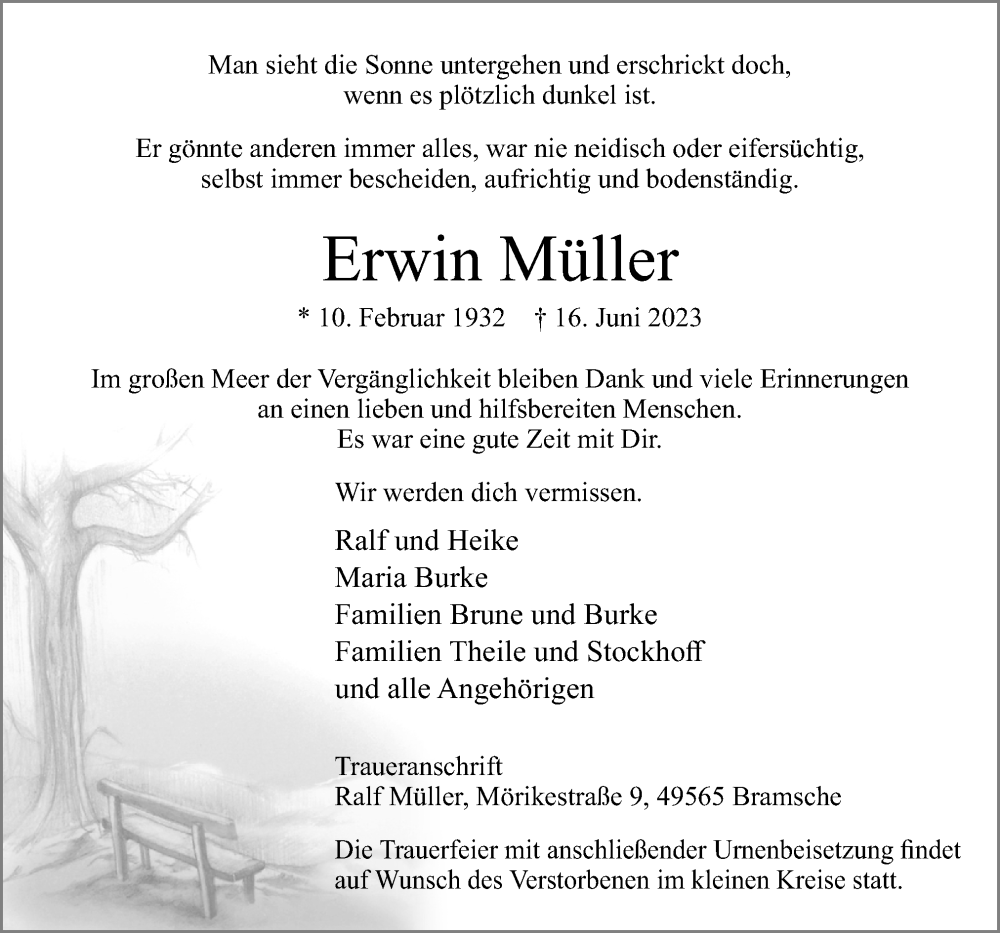  Traueranzeige für Erwin Müller vom 22.06.2023 aus Neue Osnabrücker Zeitung GmbH & Co. KG