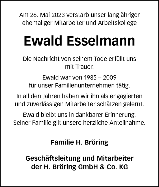 Traueranzeige von Ewald Esselmann von Neue Osnabrücker Zeitung GmbH & Co. KG