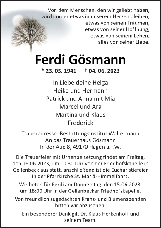 Traueranzeige von Ferdi Gösmann von Neue Osnabrücker Zeitung GmbH & Co. KG