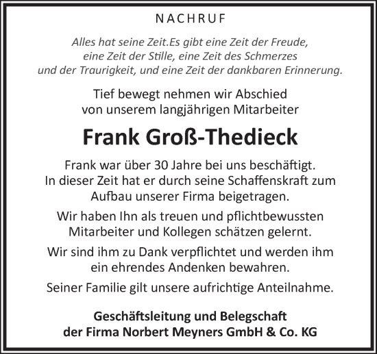 Traueranzeige von Frank Groß-Thedieck von Neue Osnabrücker Zeitung GmbH & Co. KG