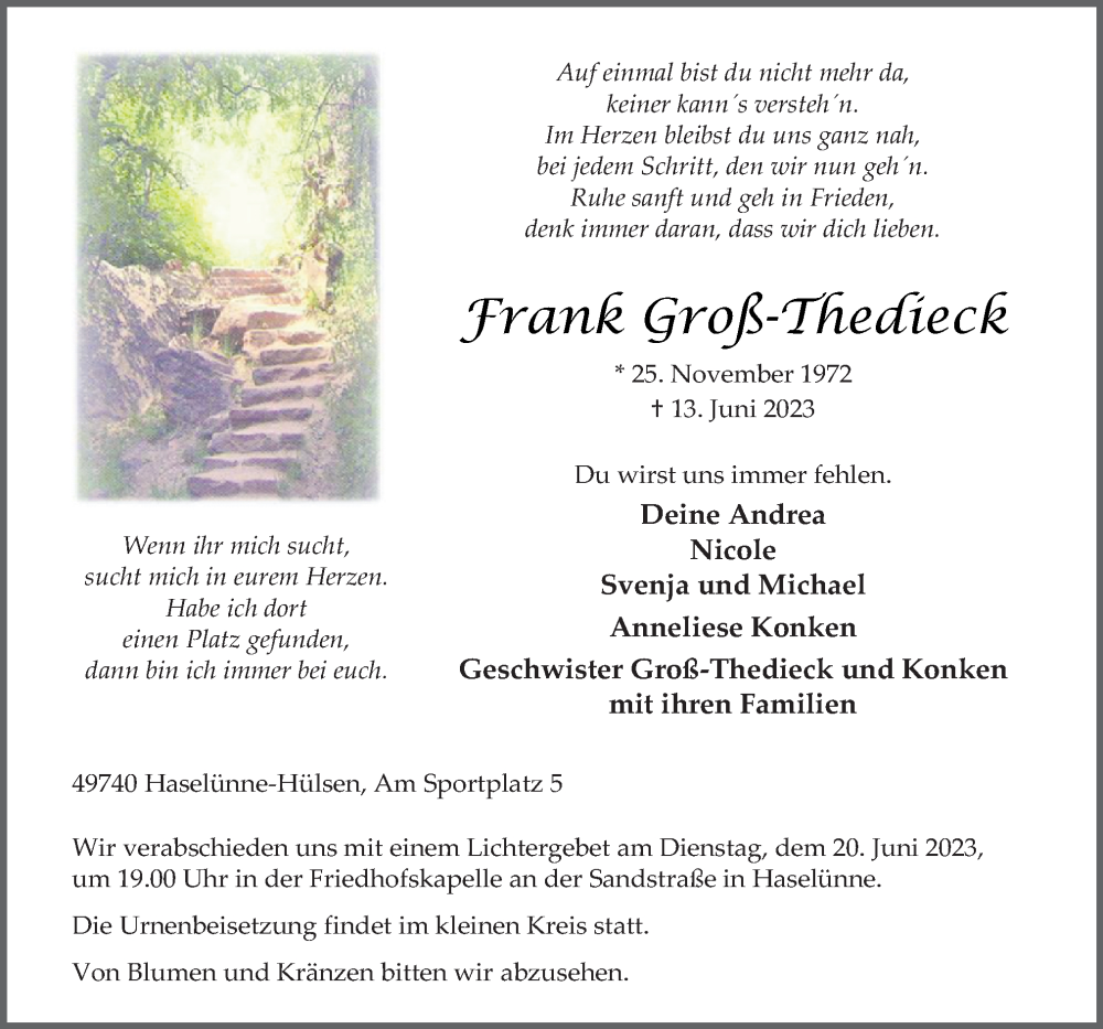  Traueranzeige für Frank Groß-Thedieck vom 17.06.2023 aus Neue Osnabrücker Zeitung GmbH & Co. KG