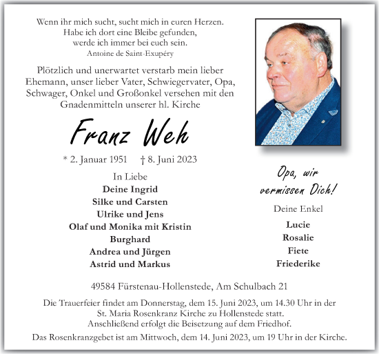 Traueranzeige von Franz Weh von Neue Osnabrücker Zeitung GmbH & Co. KG