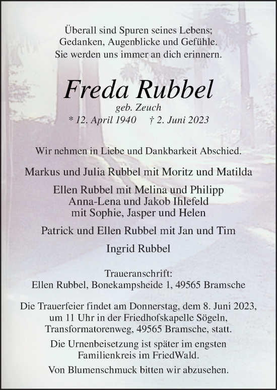 Traueranzeige von Freda Rubbel von Neue Osnabrücker Zeitung GmbH & Co. KG