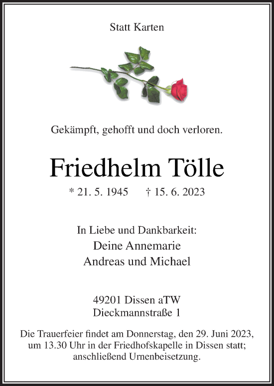 Traueranzeige von Friedhelm Tölle von Neue Osnabrücker Zeitung GmbH & Co. KG