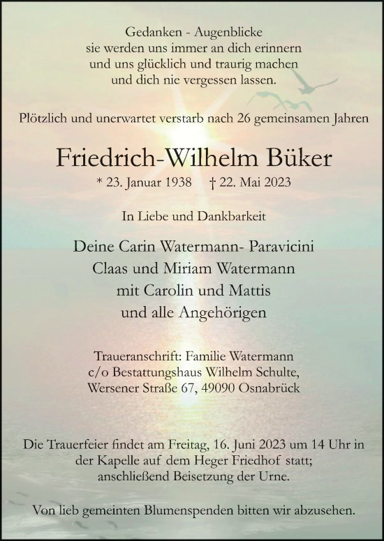 Traueranzeige von Friedrich-Wilhelm Büker von Neue Osnabrücker Zeitung GmbH & Co. KG