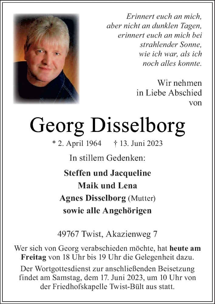  Traueranzeige für Georg Disselborg vom 16.06.2023 aus Neue Osnabrücker Zeitung GmbH & Co. KG