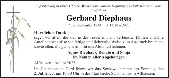 Traueranzeige von Gerhard Diephaus von Neue Osnabrücker Zeitung GmbH & Co. KG