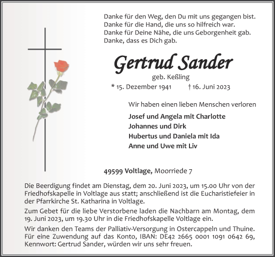 Traueranzeige von Gertrud Sander von Neue Osnabrücker Zeitung GmbH & Co. KG