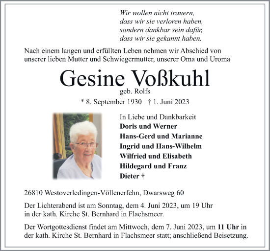 Traueranzeige von Gesine Voßkuhl von Neue Osnabrücker Zeitung GmbH & Co. KG