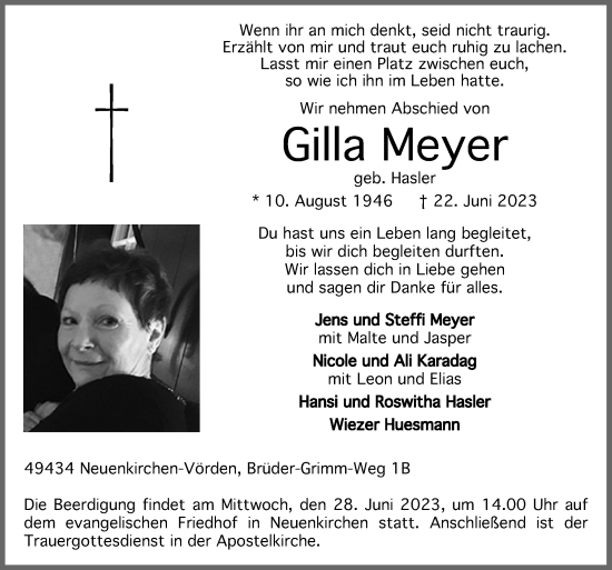 Traueranzeige von Gilla Meyer von Neue Osnabrücker Zeitung GmbH & Co. KG