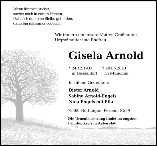 Traueranzeige von Gisela Arnold von DK Medien GmbH & Co. KG