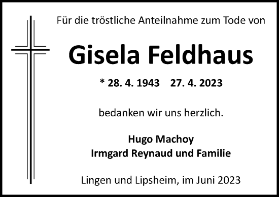 Traueranzeige von Gisela Feldhaus von Neue Osnabrücker Zeitung GmbH & Co. KG